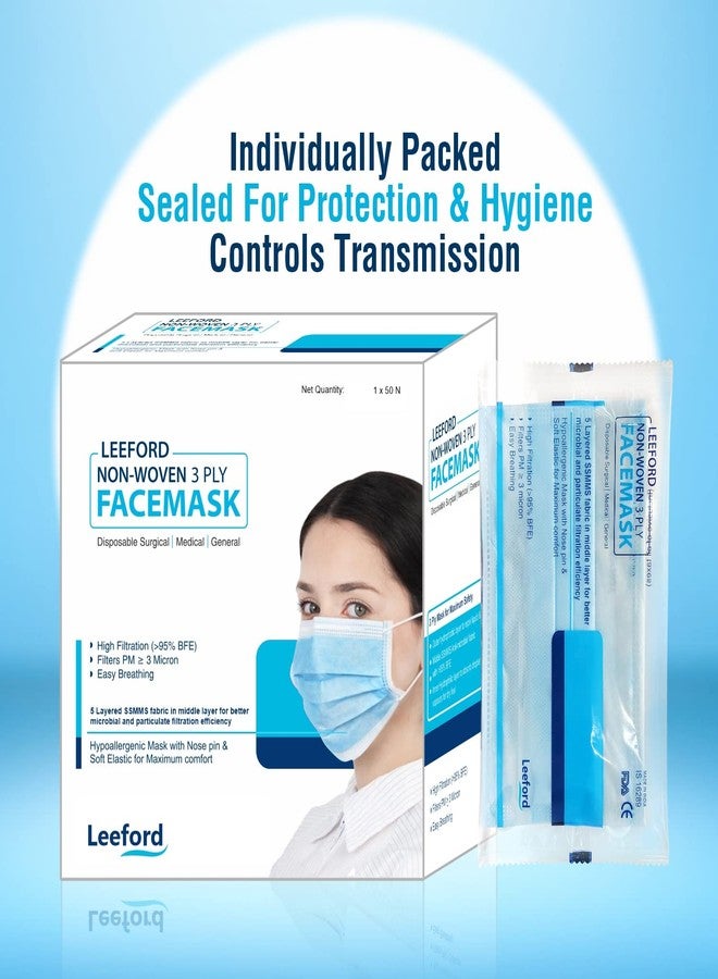 Leeford 3 Ply Disposable Face Mask | Surgical & Medical Grade | High Filtration >95% BFE | Easy Breathing & Hypoallergenic | Nose Pin & Soft Ear Loops for Unisex | 50 Count Pack - Image 4